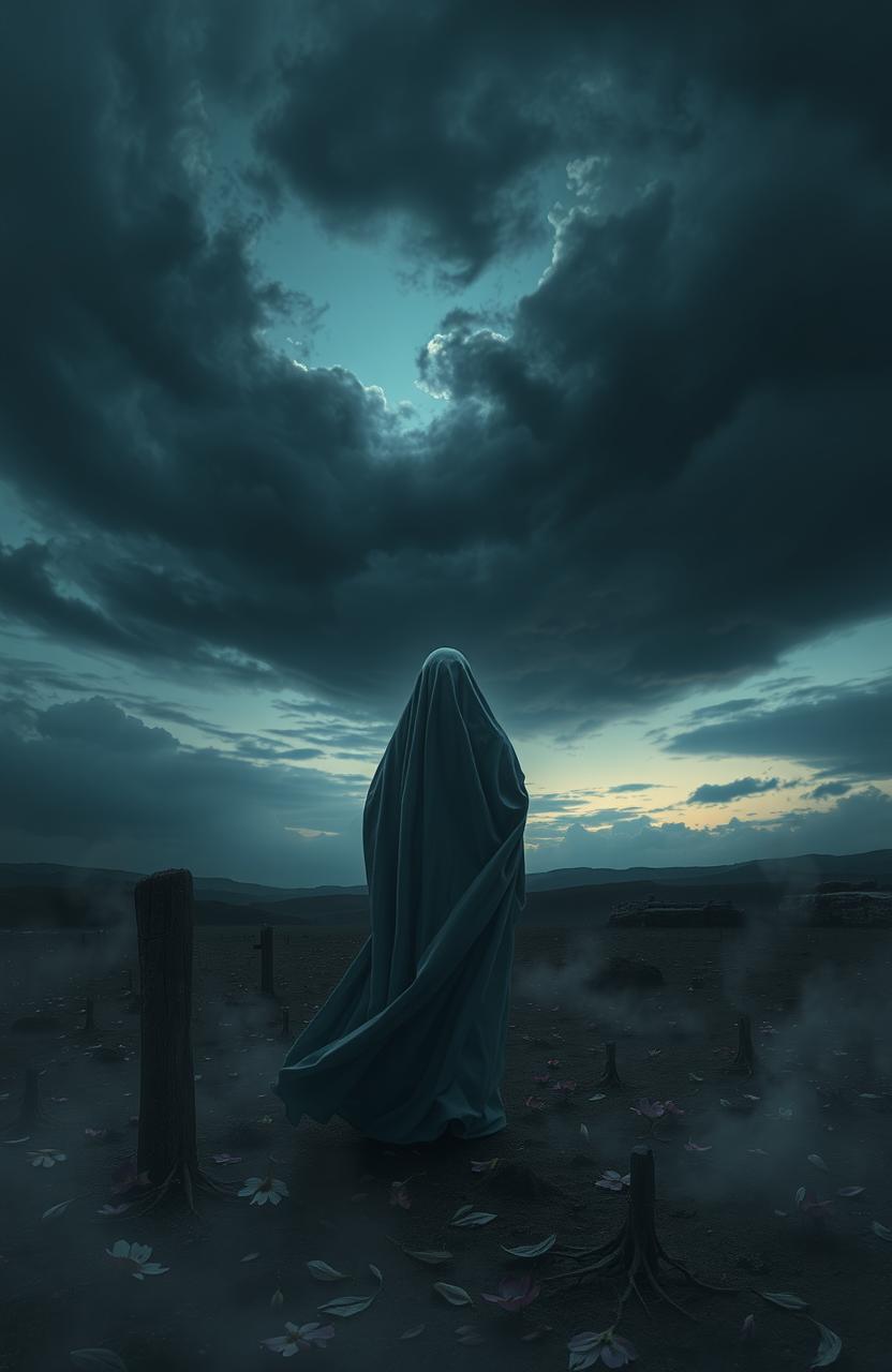 A surreal and emotional representation of "Bishadar Kabya" (The Poem of Sorrow), depicting a somber landscape under a twilight sky, filled with swirling dark clouds and soft glimmers of light breaking through