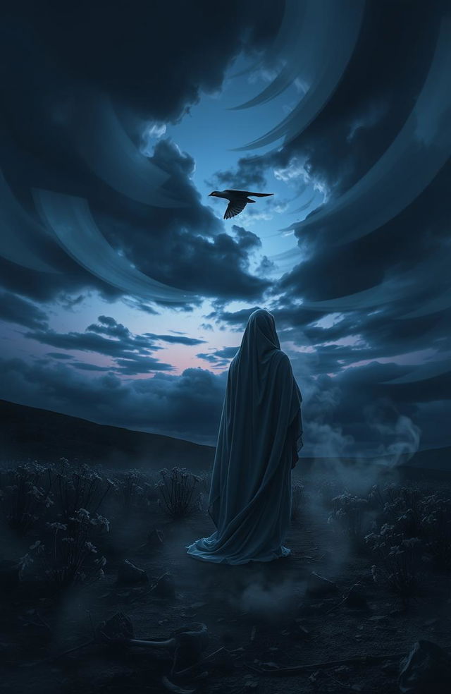 A surreal and emotional representation of "Bishadar Kabya" (The Poem of Sorrow), depicting a somber landscape under a twilight sky, filled with swirling dark clouds and soft glimmers of light breaking through