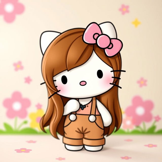 Hello Kitty, the iconic cartoon character, depicted with beautiful brown hair, wearing stylish pants