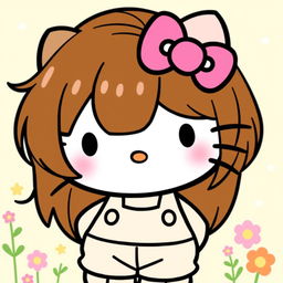 Hello Kitty, the iconic cartoon character, depicted with beautiful brown hair, wearing stylish pants