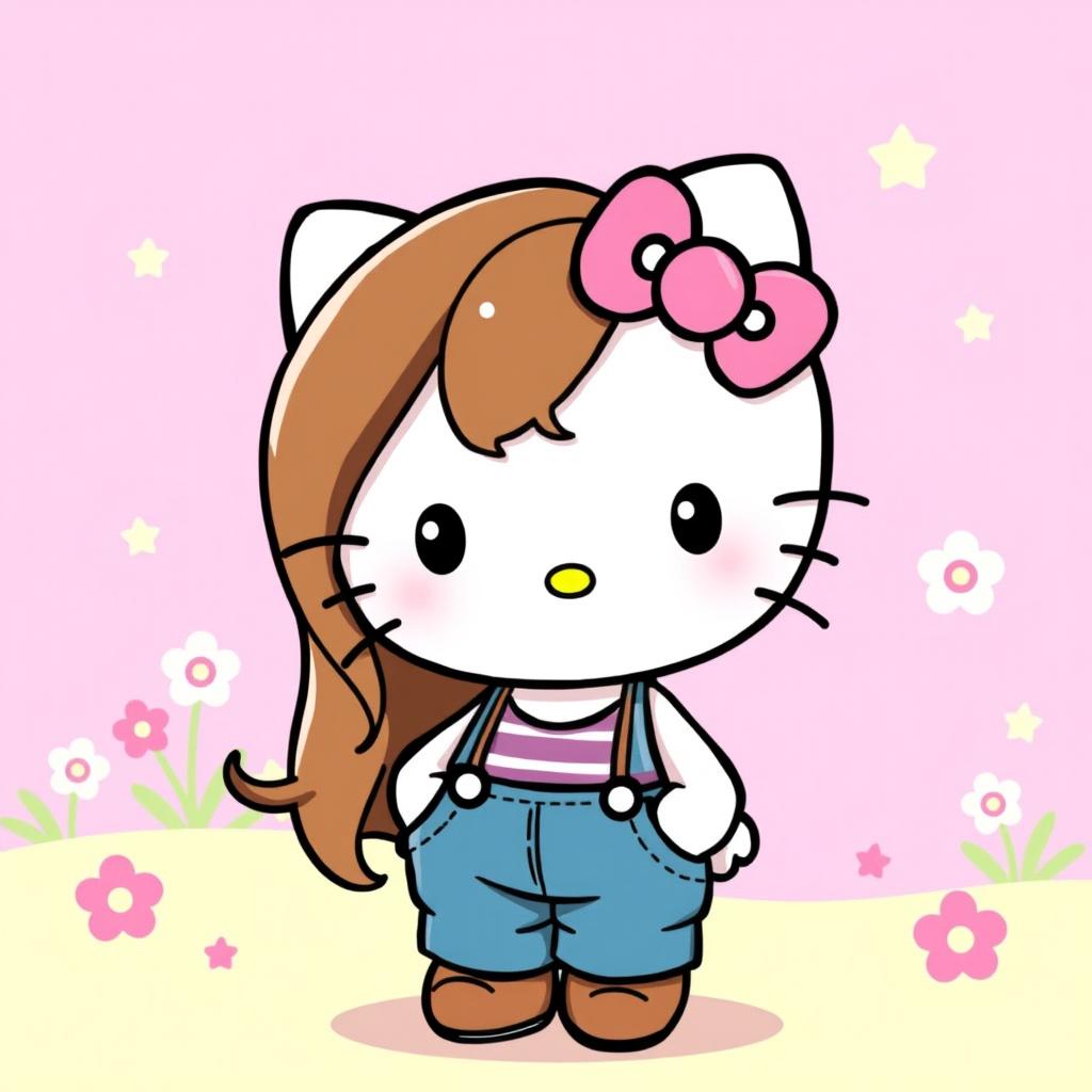 Hello Kitty, the iconic cartoon character, depicted with beautiful brown hair, wearing stylish pants