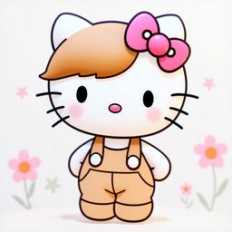 Hello Kitty, the iconic cartoon character, depicted with beautiful brown hair, wearing stylish pants