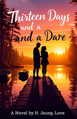 A lakeside setting bathed in warm, golden light as the sun dips below the trees, casting a soft glow over the water, evoking the atmosphere of a summer camp, where unforgettable memories are made