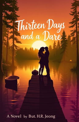 A lakeside setting bathed in warm, golden light as the sun dips below the trees, casting a soft glow over the water, evoking the atmosphere of a summer camp, where unforgettable memories are made