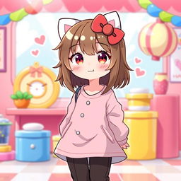 A cute character resembling Hello Kitty with brown hair, wearing a stylish long shirt and pants