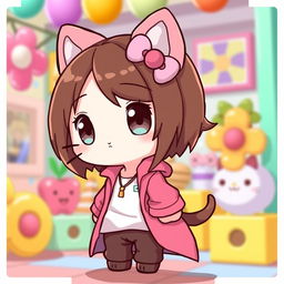 A cute character resembling Hello Kitty with brown hair, wearing a stylish long shirt and pants