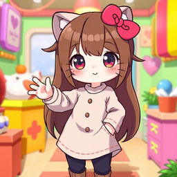 A cute character resembling Hello Kitty with brown hair, wearing a stylish long shirt and pants