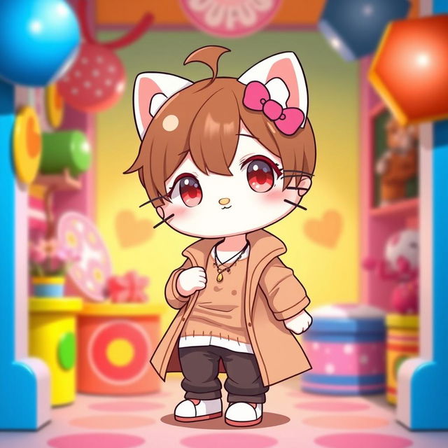 A cute character resembling Hello Kitty with brown hair, wearing a stylish long shirt and pants