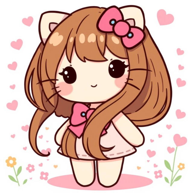 A cute, cartoon-style character inspired by Hello Kitty, featuring long, flowing brown hair instead of the iconic short style