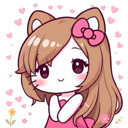 A cute, cartoon-style character inspired by Hello Kitty, featuring long, flowing brown hair instead of the iconic short style
