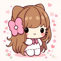 A cute, cartoon-style character inspired by Hello Kitty, featuring long, flowing brown hair instead of the iconic short style