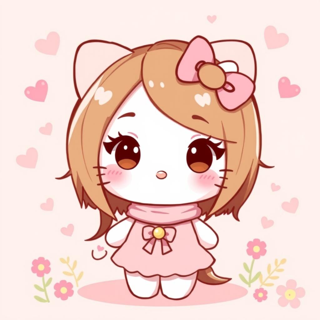 A cute, cartoon-style character inspired by Hello Kitty, featuring long, flowing brown hair instead of the iconic short style