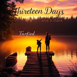 A serene lakeside setting illuminated by warm, golden light as the sun dips below the trees, casting a magical glow over the tranquil water, creating an atmosphere reminiscent of a summer camp where unforgettable memories are crafted