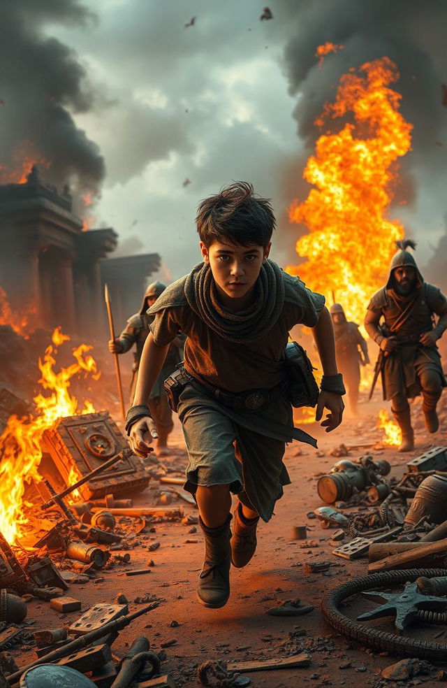 A realistic scene depicting a 13-year-old boy fleeing from a burning ancient civilization