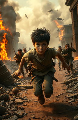 A realistic scene depicting a 13-year-old boy fleeing from a burning ancient civilization