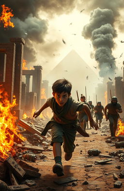A realistic scene depicting a 13-year-old boy fleeing from a burning ancient civilization