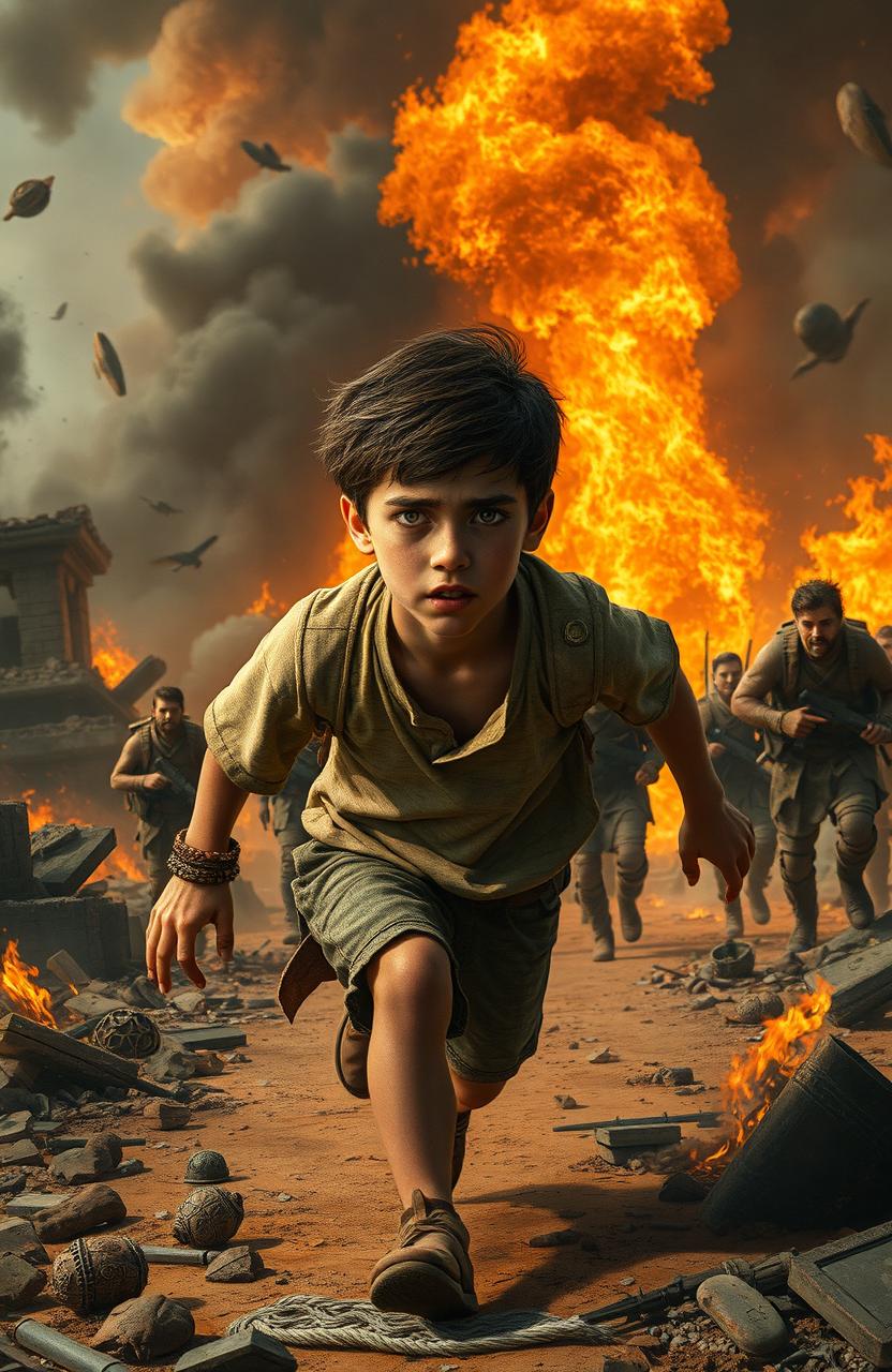 A realistic scene depicting a 13-year-old boy fleeing from a burning ancient civilization