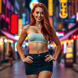 A sexy redhead wearing a very small crop top that barely covers her, paired with the world's shortest miniskirt that highlights her curves