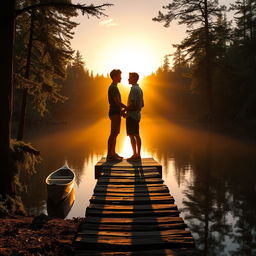 A serene lakeside setting basking in warm, golden light as the sun descends below the trees, creating a soft glow over the water that evokes the essence of a summer camp, where unforgettable memories unfold