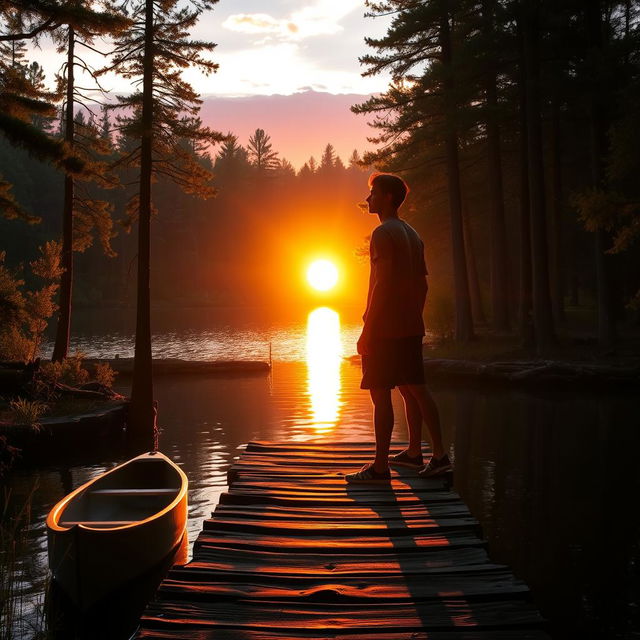 A serene lakeside setting basking in warm, golden light as the sun descends below the trees, creating a soft glow over the water that evokes the essence of a summer camp, where unforgettable memories unfold