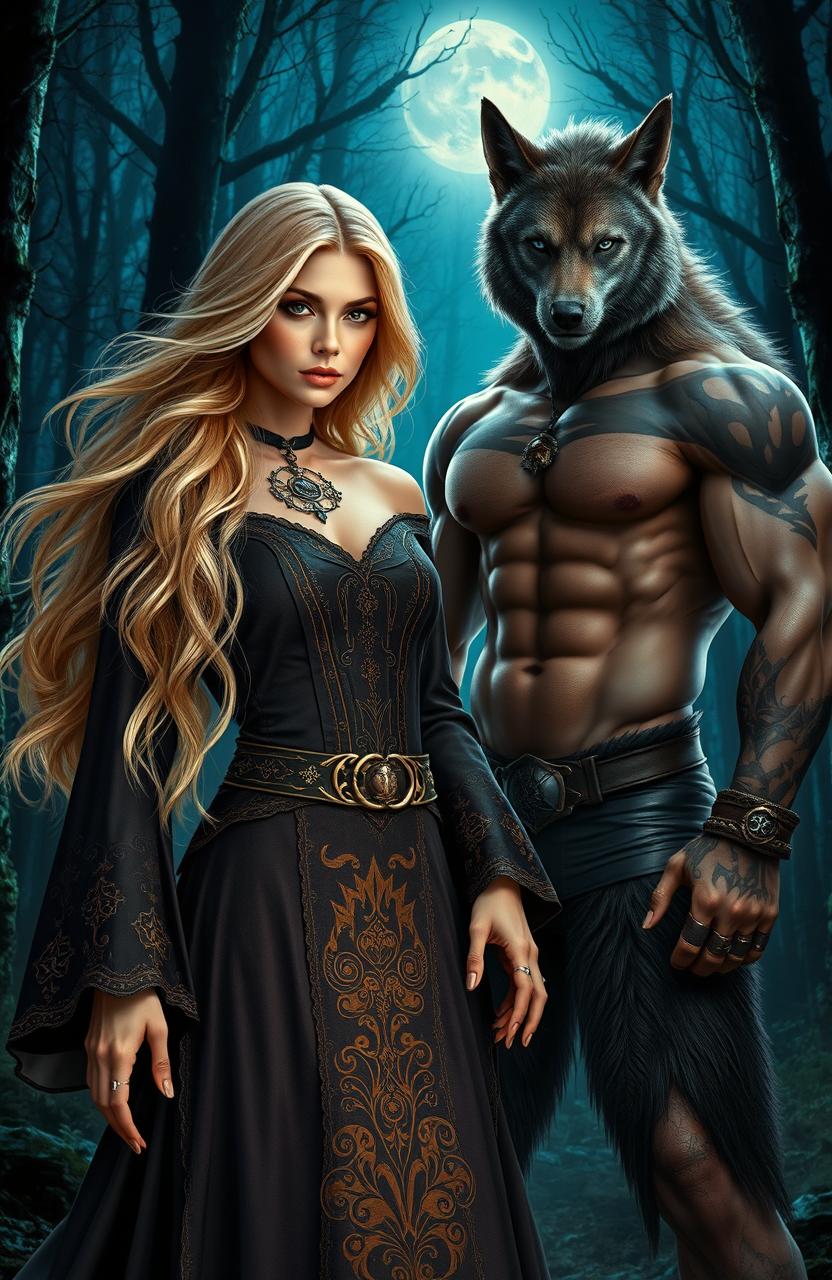 A stunning sandy blonde woman with flowing hair, wearing a mystical witch outfit adorned with elegant symbols and patterns