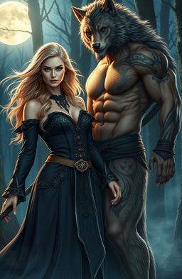 A stunning sandy blonde woman with flowing hair, wearing a mystical witch outfit adorned with elegant symbols and patterns