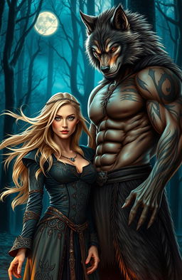 A stunning sandy blonde woman with flowing hair, wearing a mystical witch outfit adorned with elegant symbols and patterns