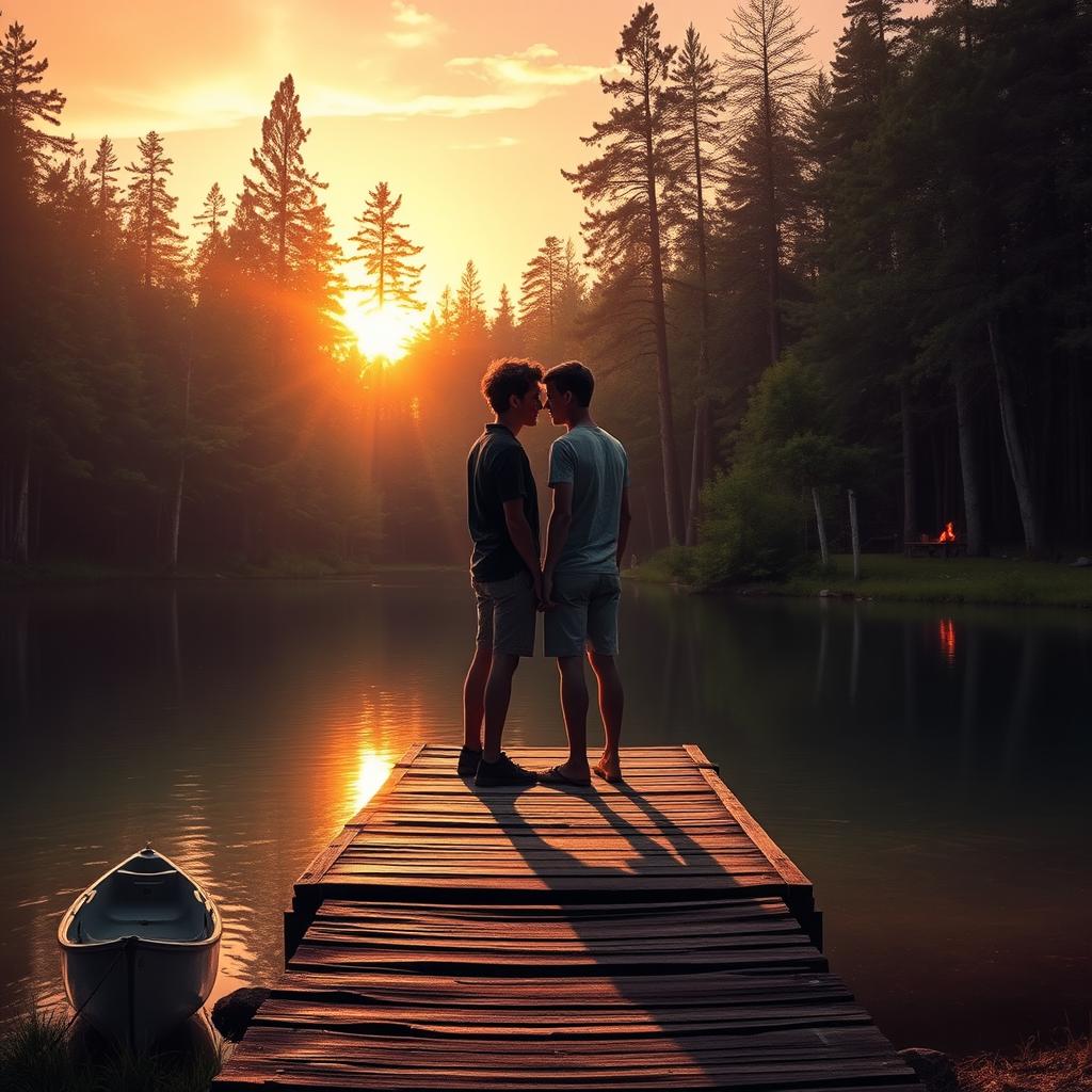 A beautiful lakeside setting enveloped in warm, golden light as the sun gracefully dips below the trees, casting a gentle glow over the water, creating an atmosphere reminiscent of a summer camp where unforgettable memories are crafted