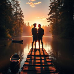 A beautiful lakeside setting enveloped in warm, golden light as the sun gracefully dips below the trees, casting a gentle glow over the water, creating an atmosphere reminiscent of a summer camp where unforgettable memories are crafted