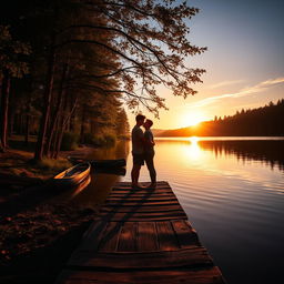 A beautiful lakeside setting enveloped in warm, golden light as the sun gracefully dips below the trees, casting a gentle glow over the water, creating an atmosphere reminiscent of a summer camp where unforgettable memories are crafted