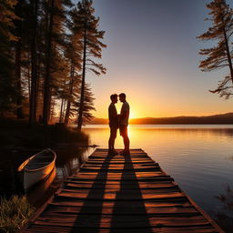A beautiful lakeside setting enveloped in warm, golden light as the sun gracefully dips below the trees, casting a gentle glow over the water, creating an atmosphere reminiscent of a summer camp where unforgettable memories are crafted