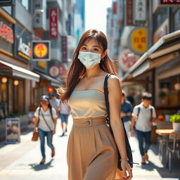 A beautiful Japanese college student woman wearing a fashionable mask and a stylish short dress, walking gracefully through a bustling city street