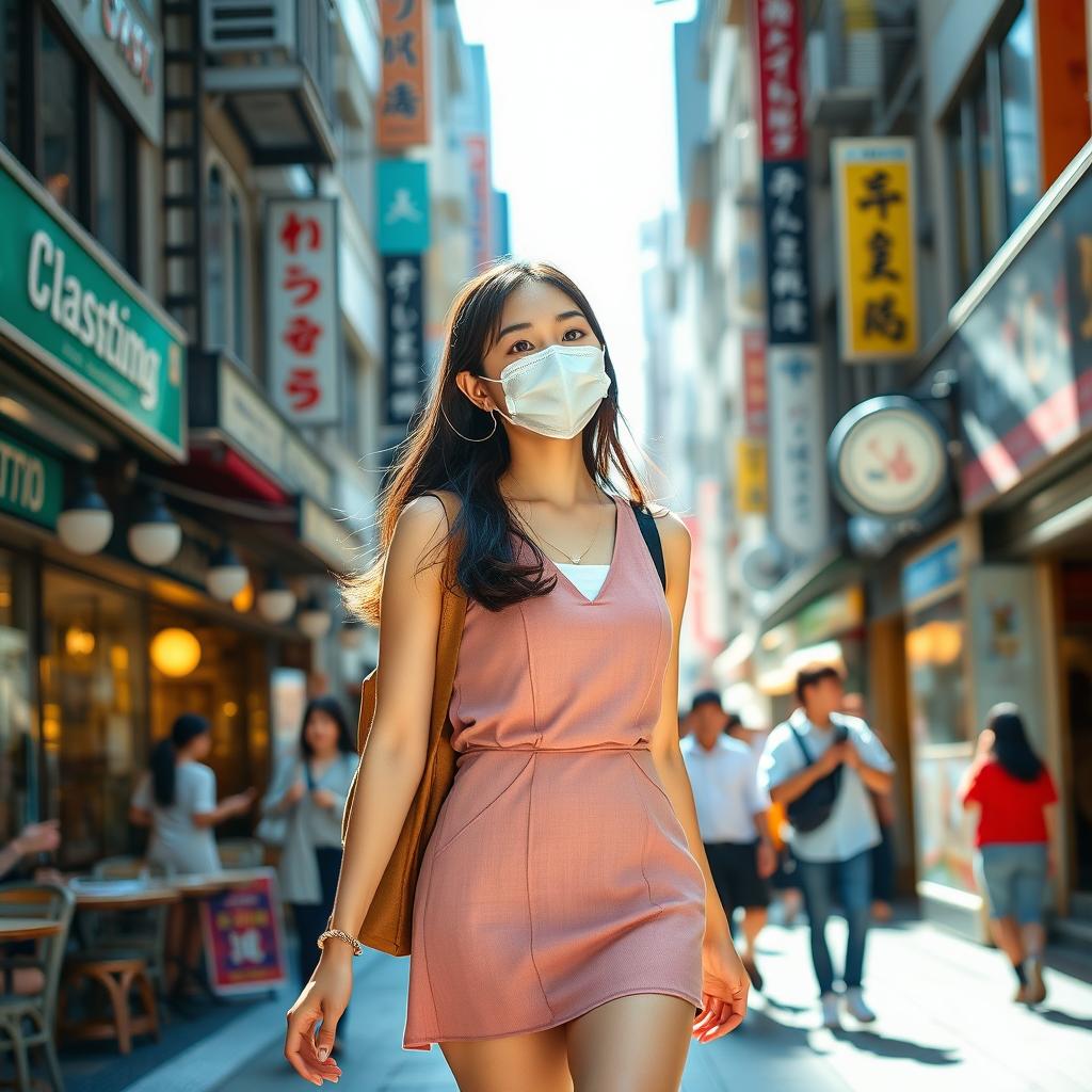 A beautiful Japanese college student woman wearing a fashionable mask and a stylish short dress, walking gracefully through a bustling city street