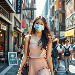 A beautiful Japanese college student woman wearing a fashionable mask and a stylish short dress, walking gracefully through a bustling city street