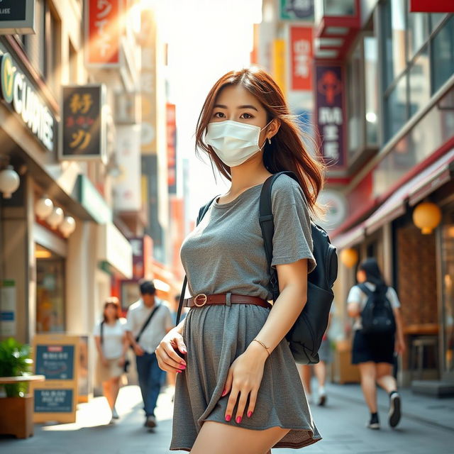 A beautiful Japanese college student woman wearing a fashionable mask and a stylish short dress, walking gracefully through a bustling city street