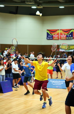 A vibrant and energetic badminton court filled with action and movement