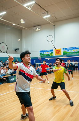 A vibrant and energetic badminton court filled with action and movement