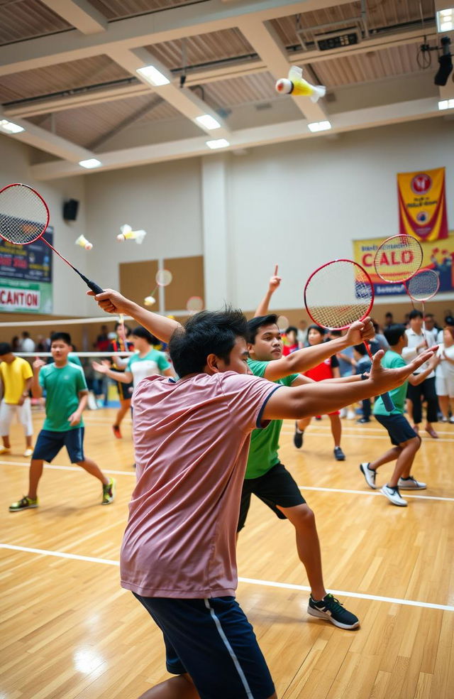 A vibrant and energetic badminton court filled with action and movement