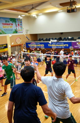 A vibrant and energetic badminton court filled with action and movement