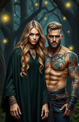 A beautiful sandy blonde witch with striking features, wearing a flowing dark green robe adorned with mystical symbols
