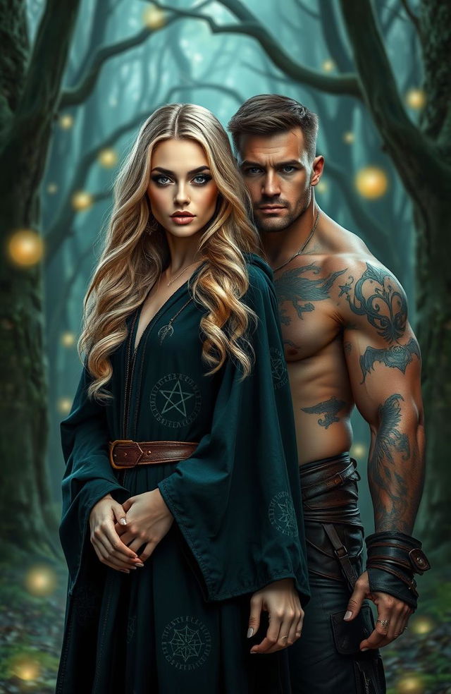 A beautiful sandy blonde witch with striking features, wearing a flowing dark green robe adorned with mystical symbols