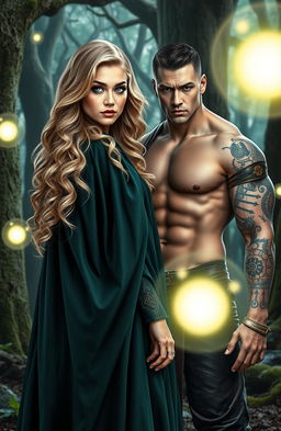 A beautiful sandy blonde witch with striking features, wearing a flowing dark green robe adorned with mystical symbols