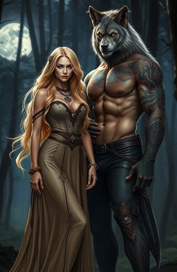 A beautiful sandy blonde witch standing confidently beside a muscular tatted werewolf