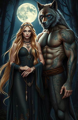 A beautiful sandy blonde witch standing confidently beside a muscular tatted werewolf