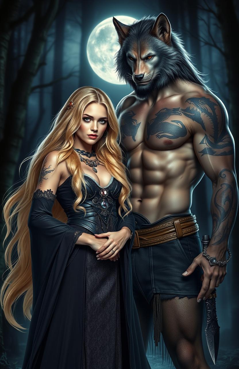 A beautiful sandy blonde witch standing confidently beside a muscular tatted werewolf