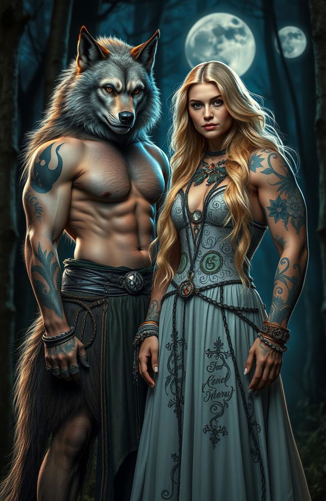 A beautiful sandy blonde witch standing confidently beside a muscular tatted werewolf