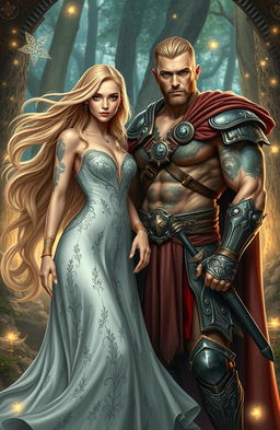 A stunning scene featuring a beautiful sandy blonde witch with flowing hair, dressed in an elegant, flowing gown with mystical patterns