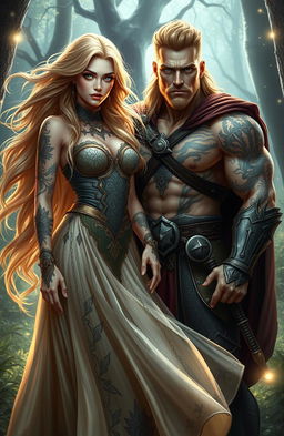 A stunning scene featuring a beautiful sandy blonde witch with flowing hair, dressed in an elegant, flowing gown with mystical patterns