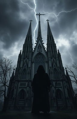 A dark and eerie scene showcasing a gothic cathedral under a stormy sky, illuminated by lightning