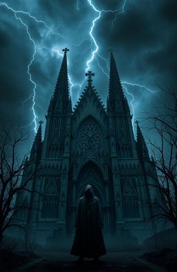 A dark and eerie scene showcasing a gothic cathedral under a stormy sky, illuminated by lightning